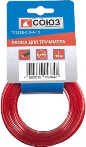 Леска триммерная СОЮЗ ТЛ3535-2.0-4-15 d=2.0 мм, l=15 м, квадрат, красный Леска триммерная СОЮЗ ТЛ3535-2.0-4-15 d=2.0 мм, l=15 м, квадрат, красный