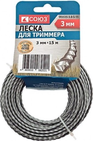 Леска триммерная СОЮЗ ТЛ3535-2.0-S-15 d=2.0 мм, l=15м, крученый квадрат серая Леска триммерная СОЮЗ ТЛ3535-2.0-S-15 d=2.0 мм, l=15м, крученый квадрат серая